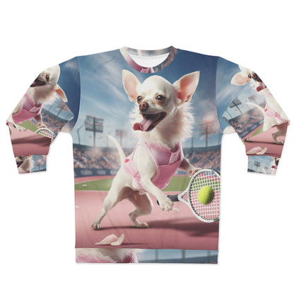 Chihuahua Tennis Ace: Traje rosa para perro, juego deportivo atlético de cancha - Sudadera unisex (AOP)