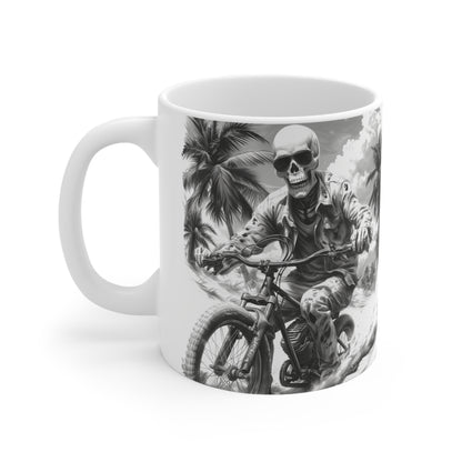 Esqueleto de motociclista con gafas de sol, montando Sunset Boulevard en motocicleta de California, taza de cerámica de 11 oz