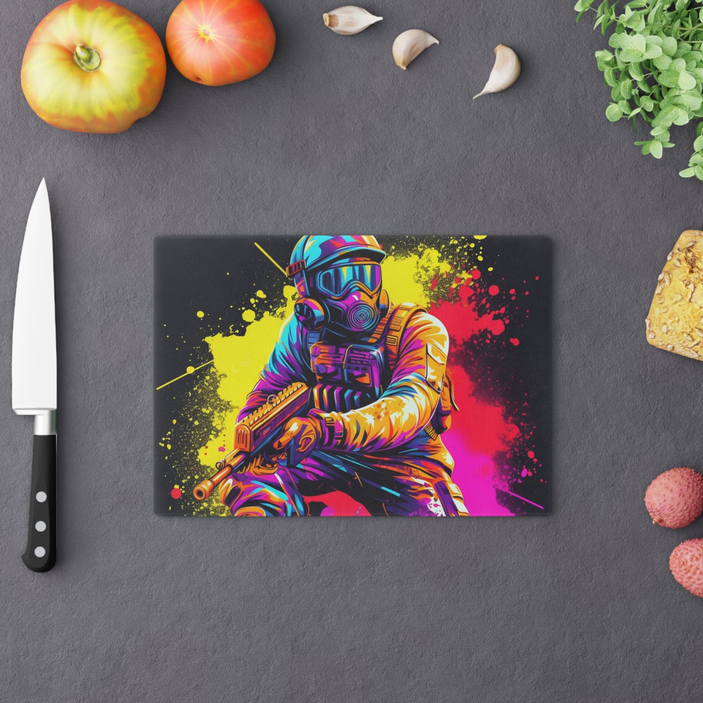 Paintball Action Sport: Player in Battle, Paint Splatter - Cutting Board