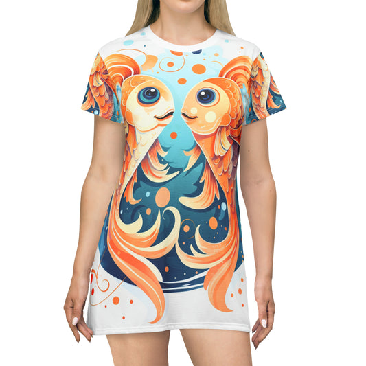 Charming Cartoon Fish Pisces - Dreamy Zodiac Illustration - T-Shirt Dress (AOP)