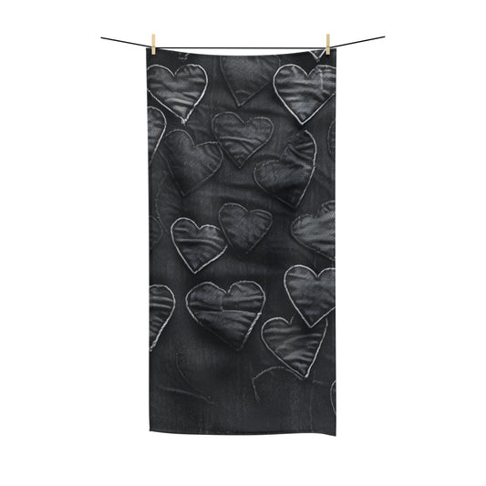 Black: Distressed Denim-Inspired Fabric Heart Embroidery Design - Polycotton Towel