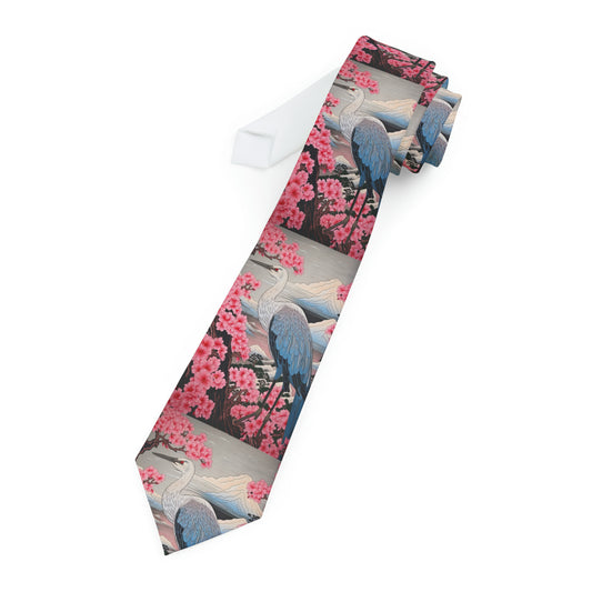 Sakura Blossoms & Crane Kimono Necktie - Artisanal Japanese Craft, Elegant Gift for Dad, Traditional Indigo Neckwear for Men