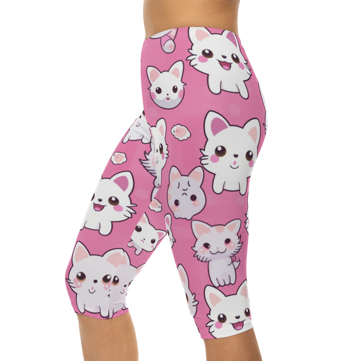 Adorable Cartoon-Style Anime Kitten, Cat, Kitty Pattern - Cute and Colorful - Women’s Capri Leggings (AOP)