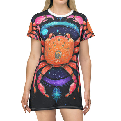 Rainbow Celestial Crab - Vibrant Cancer Zodiac Sign Art - T-Shirt Dress (AOP)