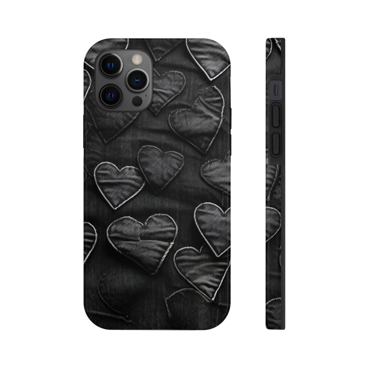 Black: Distressed Denim-Inspired Fabric Heart Embroidery Design - Tough Phone Cases