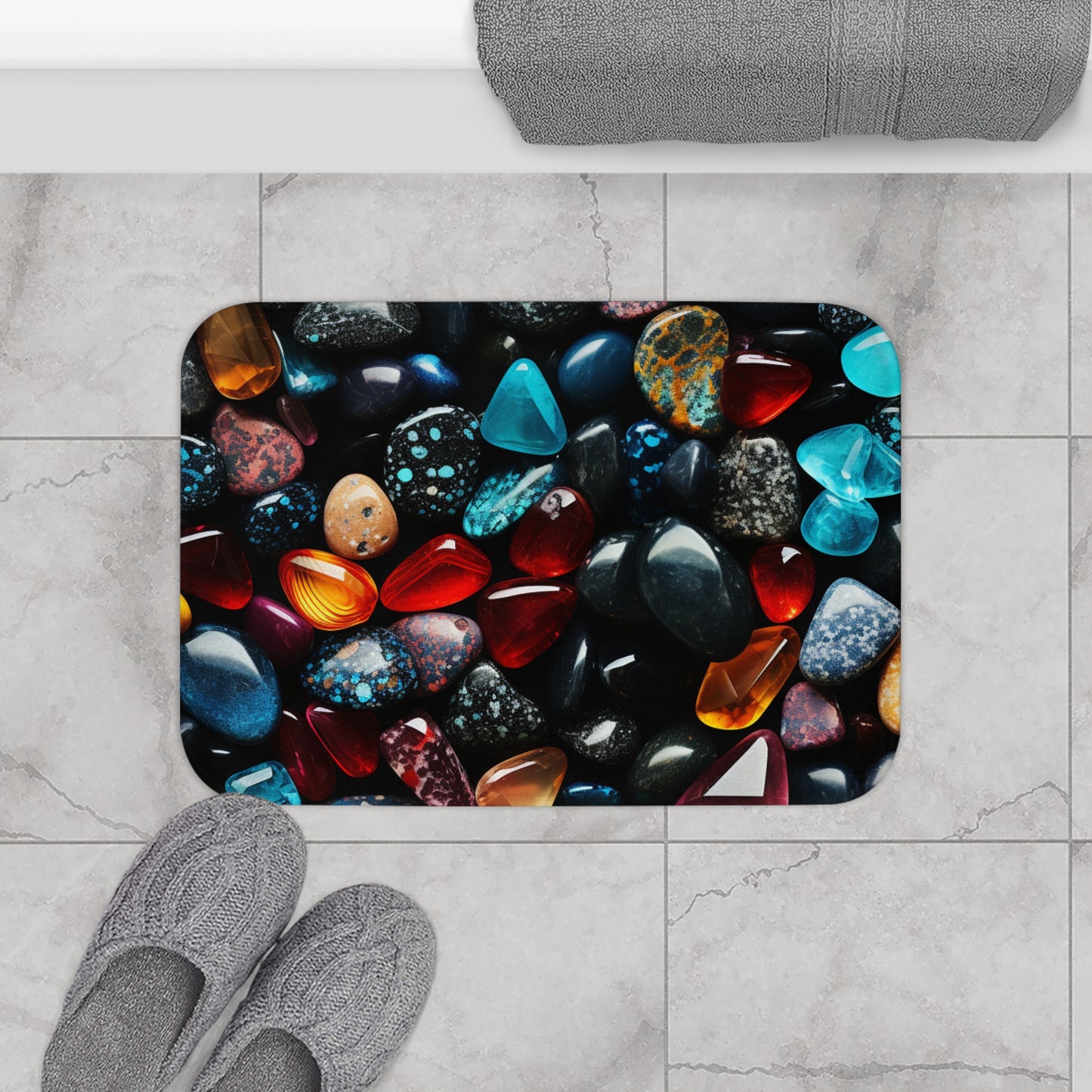 Puntillismo de ensueño: miniaturas detalladas de piedras de colores y pedrería en negro, Alfombra de baño