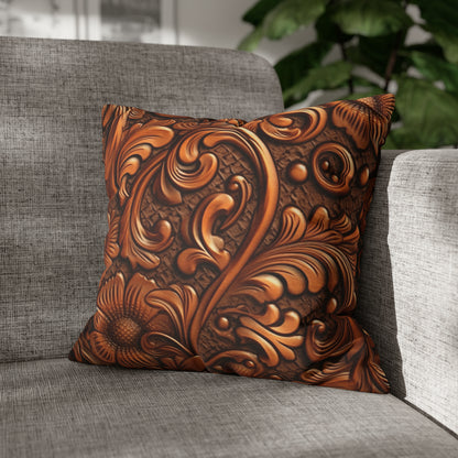 Leather Flower Cognac Classic Brown Timeless American Cowboy Design - Spun Polyester Square Pillow Case