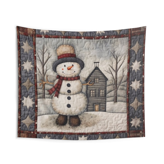 Christmas Cottagecore Snowman & Snowy House - Nostalgic Decor - Grandmillennial Festive Charm - Indoor Wall Tapestries