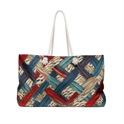 Colorful Yarn Knot: Denim-Inspired Fabric in Red, White, Light Blue - Weekender Bag