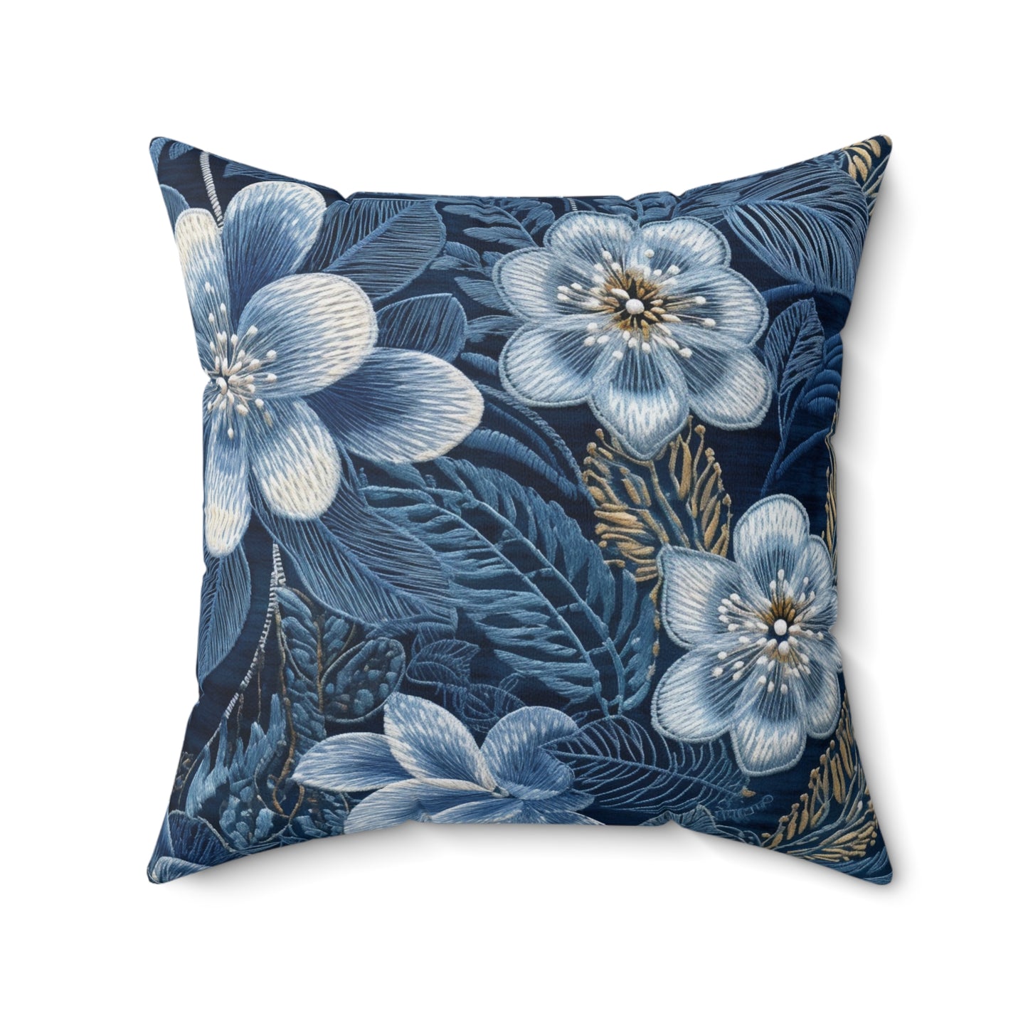 Flower Blossom Embroidery Floral on Denim Style - Spun Polyester Square Pillow