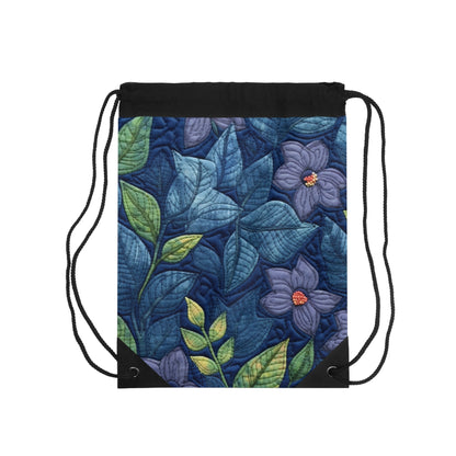 Floral Embroidery Blue: Denim-Inspired, Artisan-Crafted Flower Design - Drawstring Bag