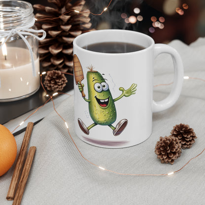 Pickle Player Action: Cartoon Swinging Pickleball Paddle - Sporty Charm - Ceramic Mug 11oz