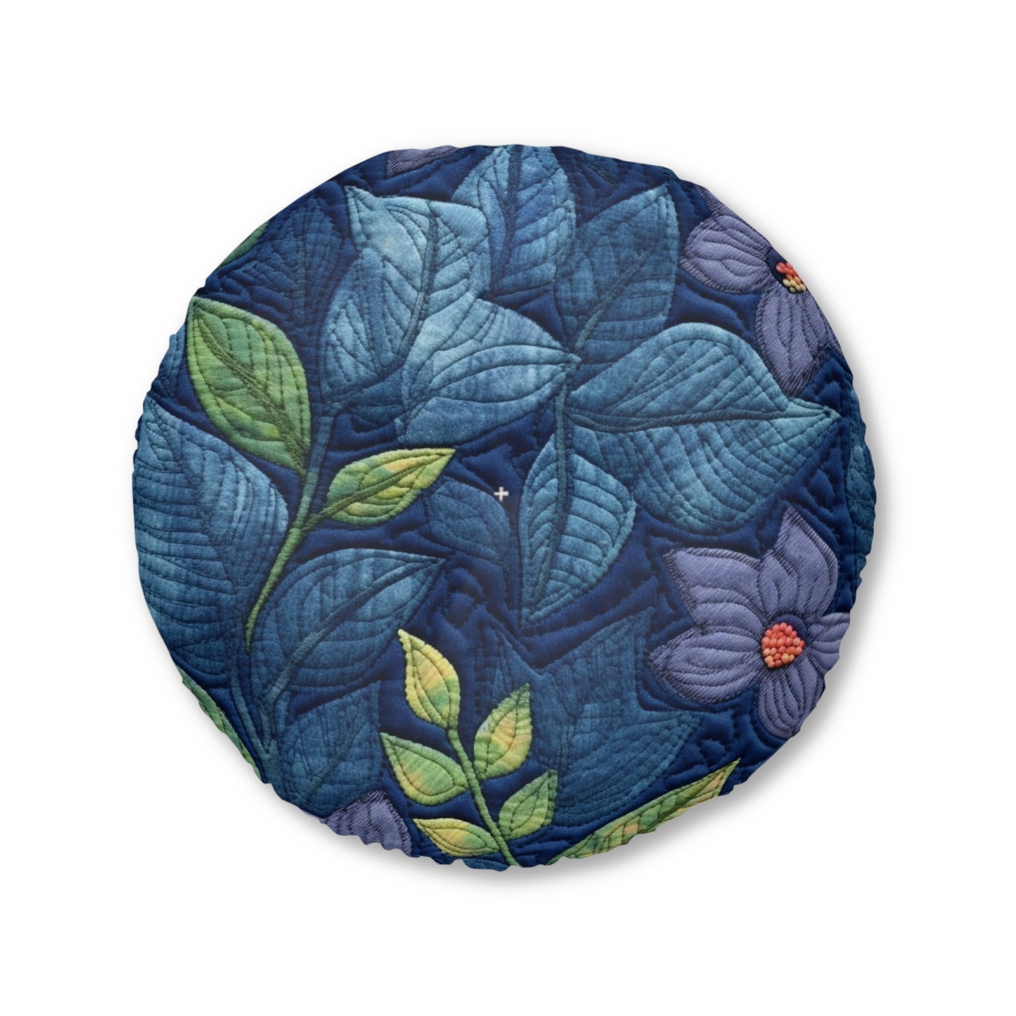 Floral Embroidery Blue: Denim-Inspired, Artisan-Crafted Flower Design - Tufted Floor Pillow, Round