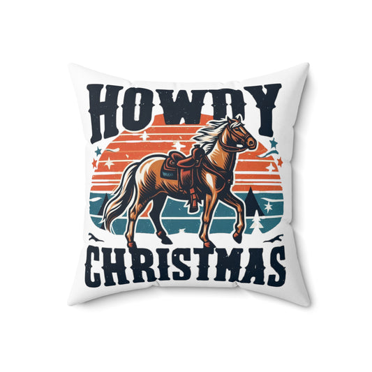 Retro Western Christmas - Howdy Christmas with Patriotic Horse and Star Banner - Spun Polyester Square Pillow