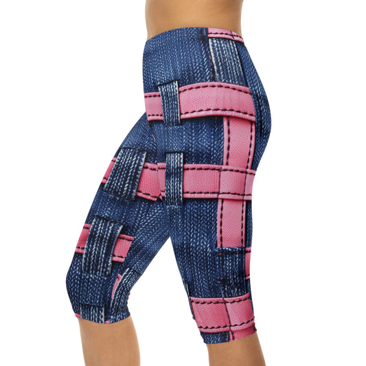 Candy-Striped Crossover: Pink Denim Ribbons Dancing on Blue Stage - Women’s Capri Leggings (AOP)