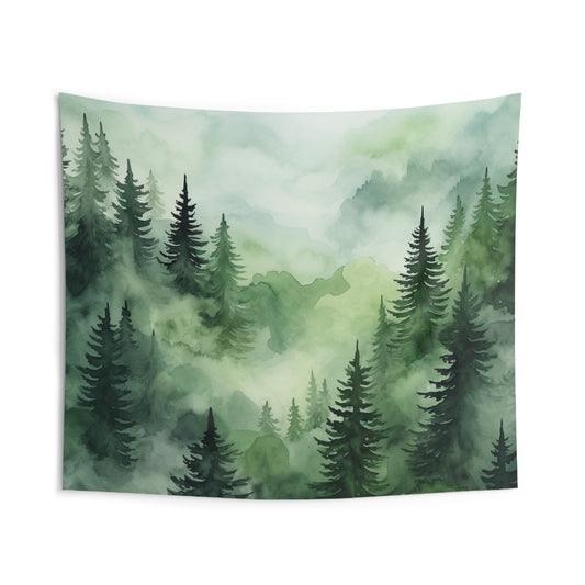 Tapiz de bosque verde, colgante de pared de bosque de pinos de acuarela, paisaje natural, montaña brumosa, decoración de pared del hogar para sala de estar, tapiz de paisaje verde 