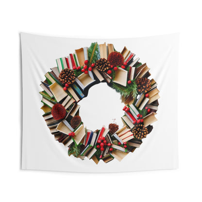 Holiday Book Wreath: Festive Literary Book Lover & Christmas Pinecone Arrangement - Indoor Wall Tapestries