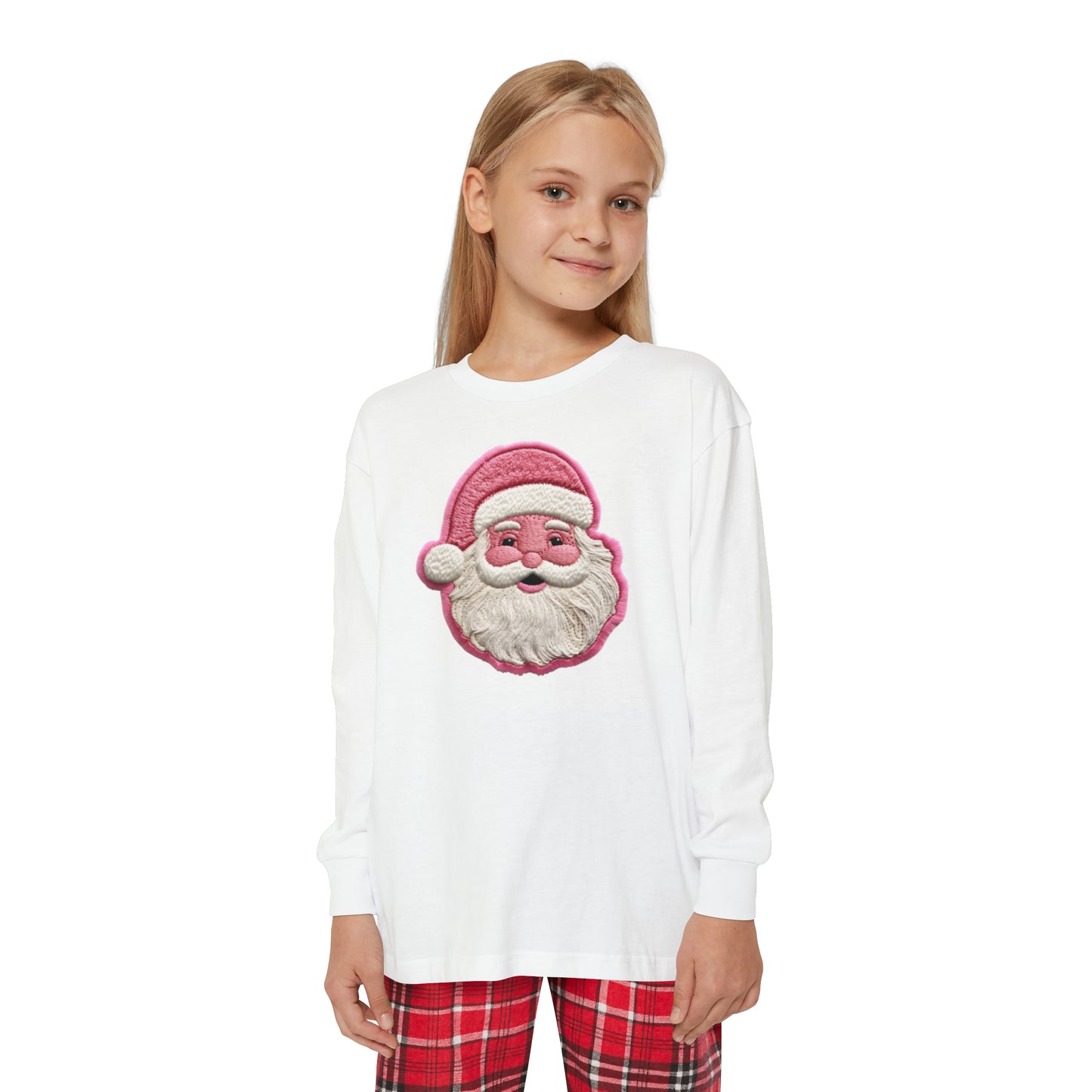 Pink Santa Chenille Patch Christmas Design - Youth Long Sleeve Holiday Outfit Set