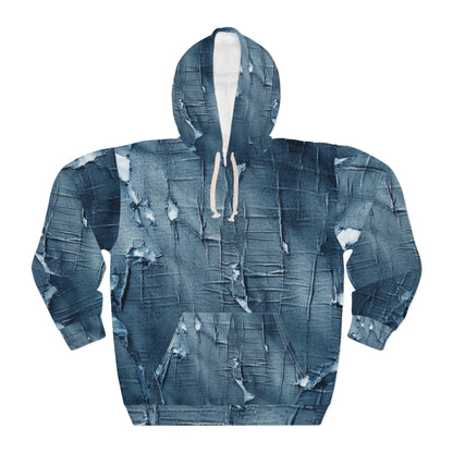 Distressed Blue Denim-Look: Edgy, Torn Fabric Design - Unisex Pullover Hoodie (AOP)