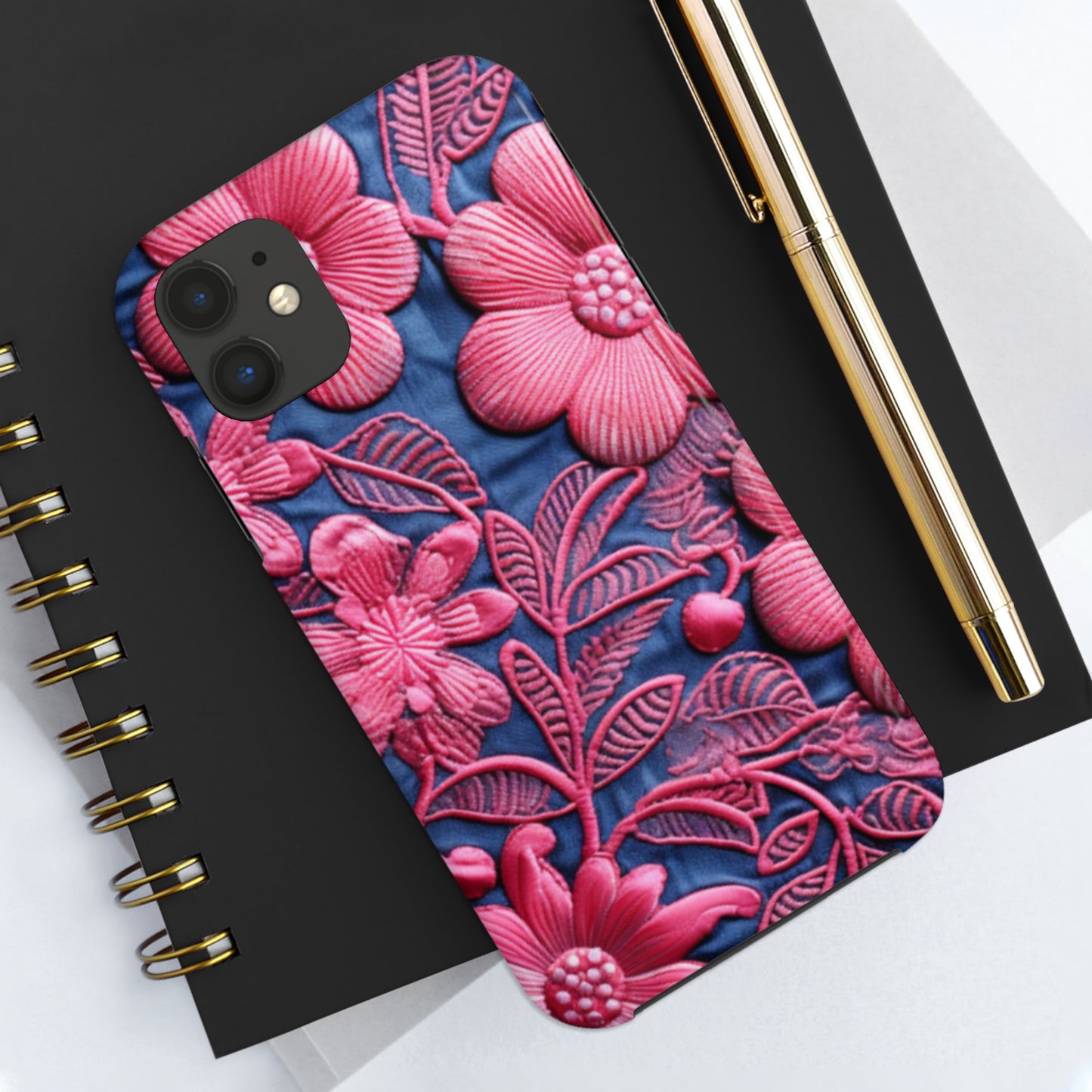 Denim Blue Doll Pink Floral Embroidery Style Fabric Flowers - Tough Phone Cases