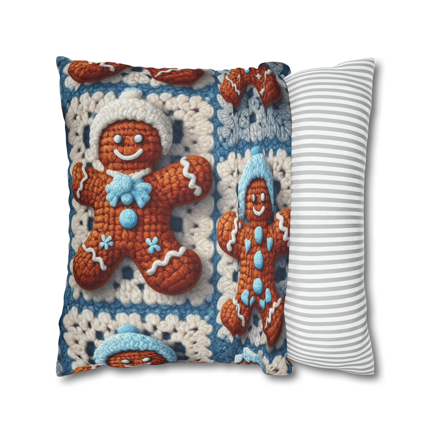 Winter Cheer: Charming Crocheted Gingerbread Christmas Friends Adorned with Snowy Hats and Sweet Smiles - Spun Polyester Square Pillow Case