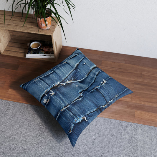 Midnight Blue Distressed Denim: Rugged, Torn & Stylish Design - Tufted Floor Pillow, Square
