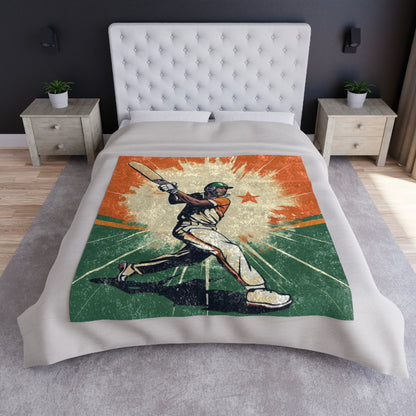 India Cricket Star: Batsman With Willow Bat, National Flag Style - Sport Game - Crushed Velvet Blanket