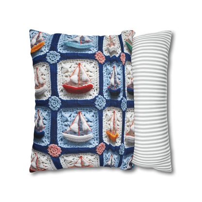 Crochet Boat Ship Sea Vessel Ocean Beach Travel Yacht Design - Spun Polyester Square Pillow Case