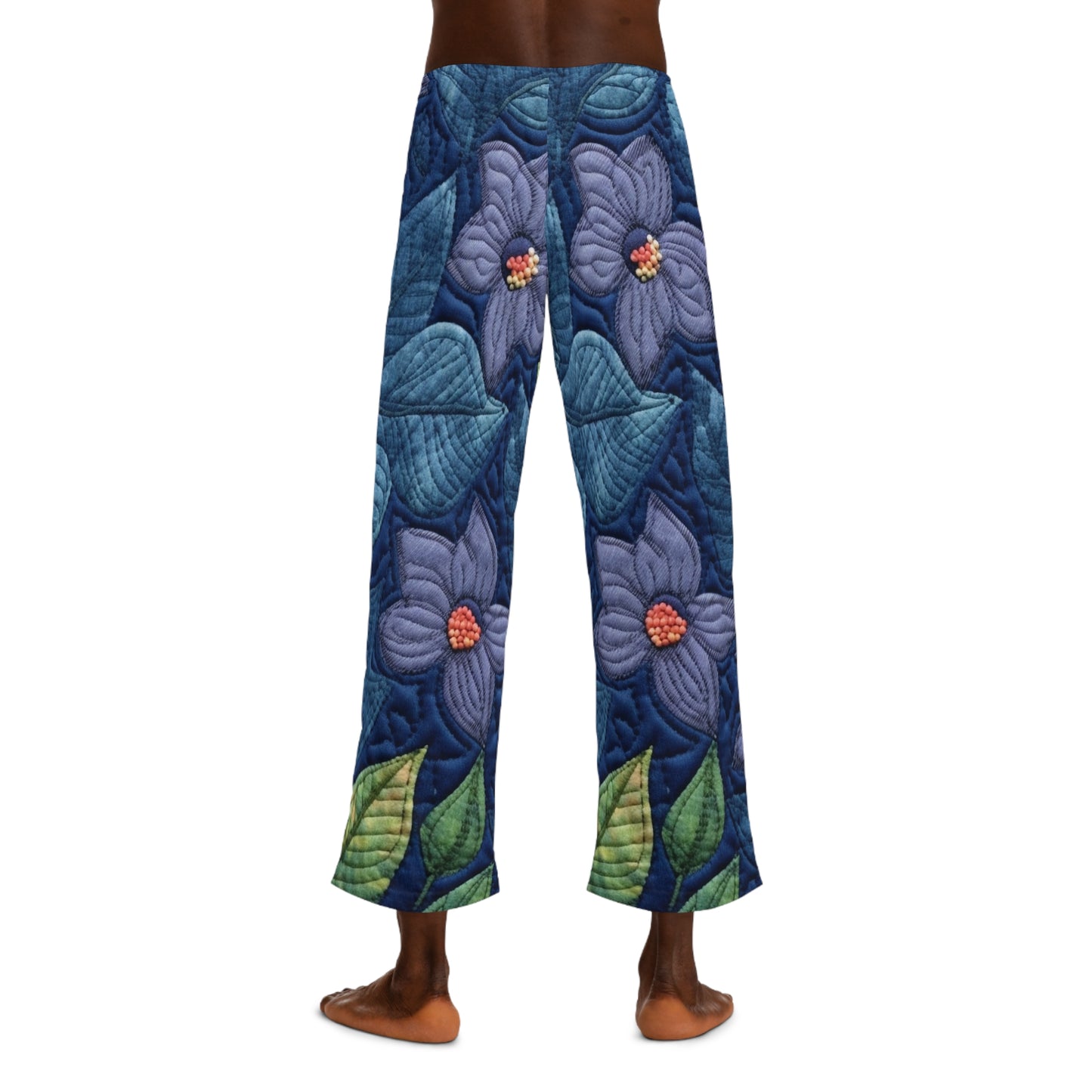 Azul bordado floral: diseño floral artesanal inspirado en la mezclilla - Pantalones de pijama para hombre (AOP) 