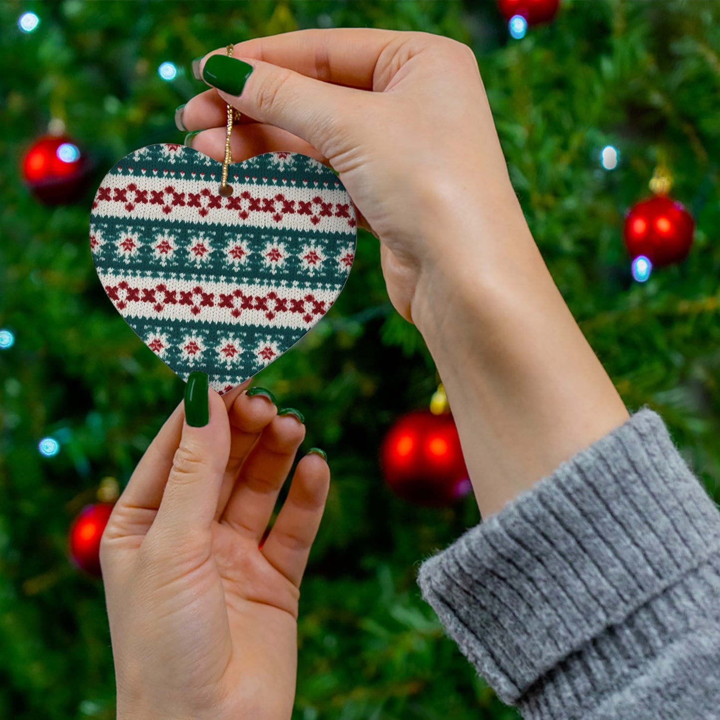 Christmas Knit Crochet Holiday, Festive Yuletide Pattern, Winter Season - Ceramic Ornament, 4 Shapes