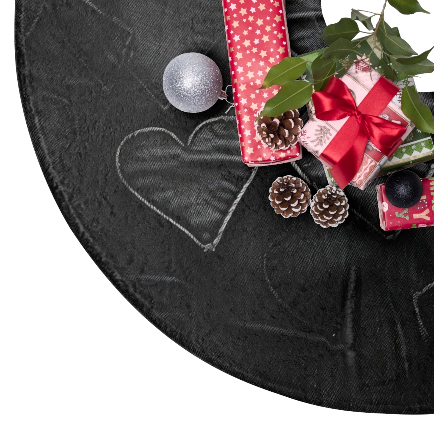 Black: Distressed Denim-Inspired Fabric Heart Embroidery Design - Christmas Tree Skirts