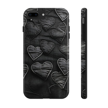 Black: Distressed Denim-Inspired Fabric Heart Embroidery Design - Tough Phone Cases