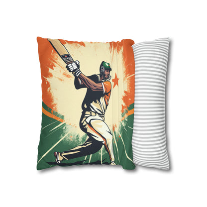 India Cricket Star: Batsman With Willow Bat, National Flag Style - Sport Game - Spun Polyester Square Pillow Case