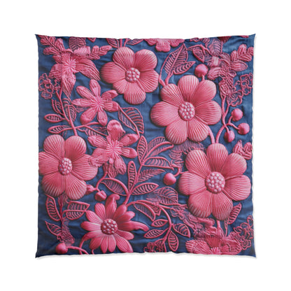 Denim Blue Doll Pink Floral Embroidery Style Fabric Flowers - Comforter