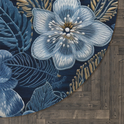 Flower Blossom Embroidery Floral on Denim Style - Round Rug