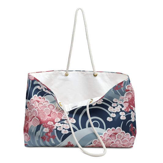 Japanese Minimalist Waves & Cherry Blossoms Pattern Weekender Bag