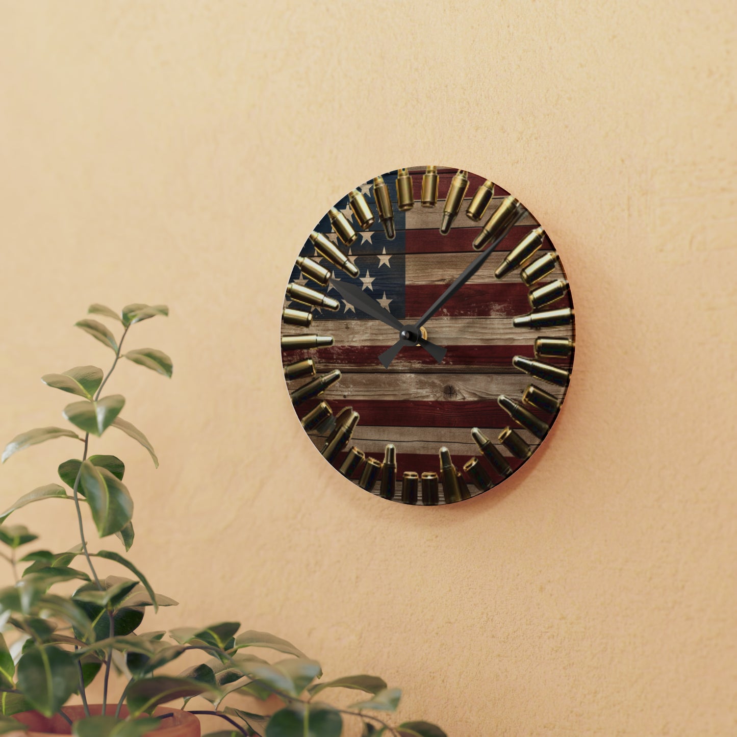 Patriotic American Flag Acrylic Wall Clock, Rustic USA Wall Decor, Hunter's Gift, Americana Pride, Stars & Stripes Timepiece