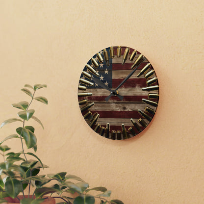 Patriotic American Flag Acrylic Wall Clock, Rustic USA Wall Decor, Hunter's Gift, Americana Pride, Stars & Stripes Timepiece