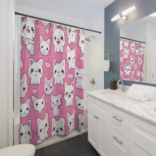 Adorable Cartoon-Style Anime Kitten, Cat, Kitty Pattern - Cute and Colorful - Shower Curtains