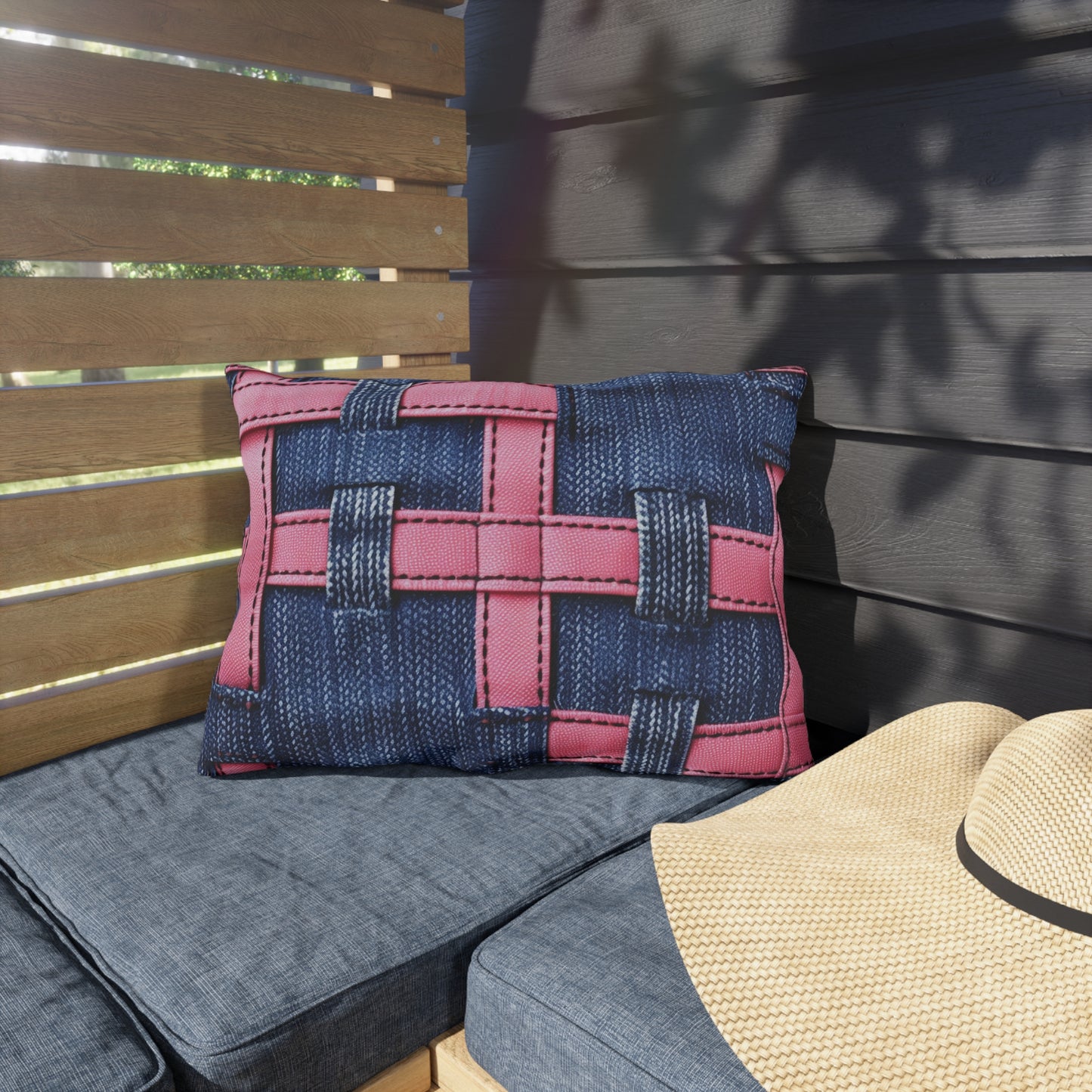 Candy-Striped Crossover: Pink Denim Ribbons Dancing on Blue Stage - Outdoor Pillows