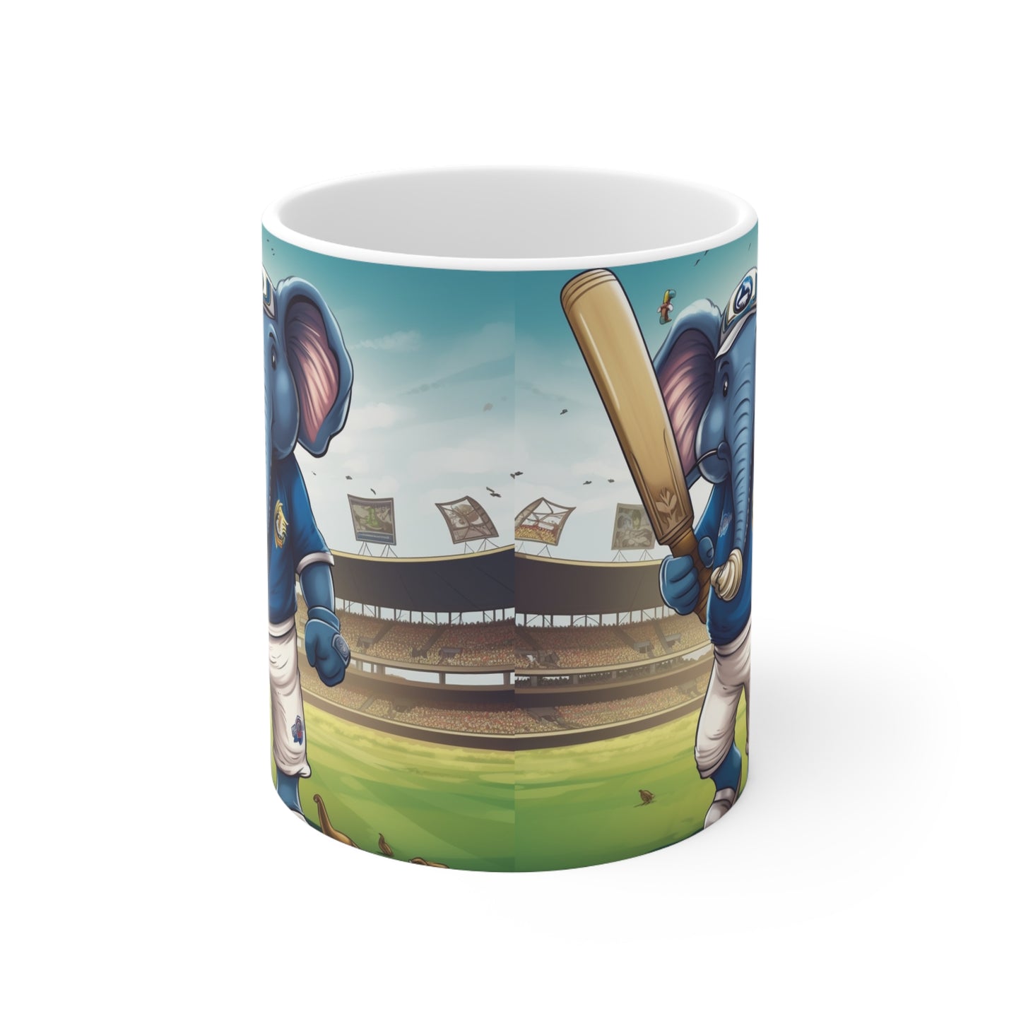 India Elephant Cricket Sport Star: Pitch, Run, Stump Game - Animated Charm - Ceramic Mug 11oz