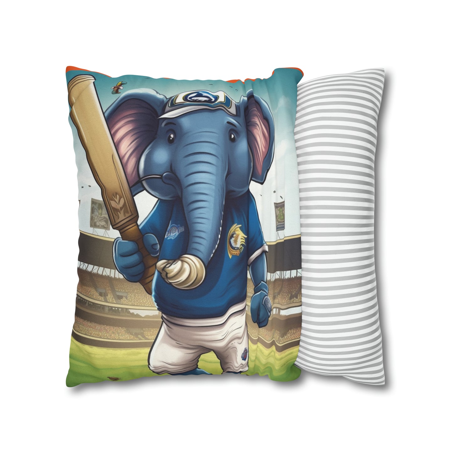 India Elephant Cricket Sport Star: Pitch, Run, Stump Game - Animated Charm - Spun Polyester Square Pillow Case