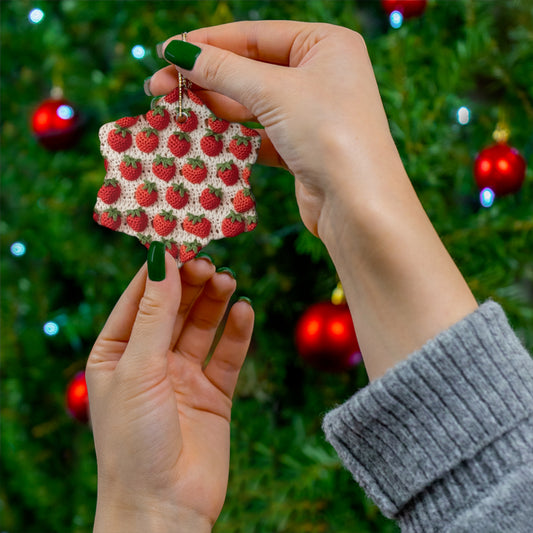 Strawberry Traditional Japanese, Crochet Craft, Fruit Design, Red Berry Pattern - Ceramic Ornament, 4 Shapes