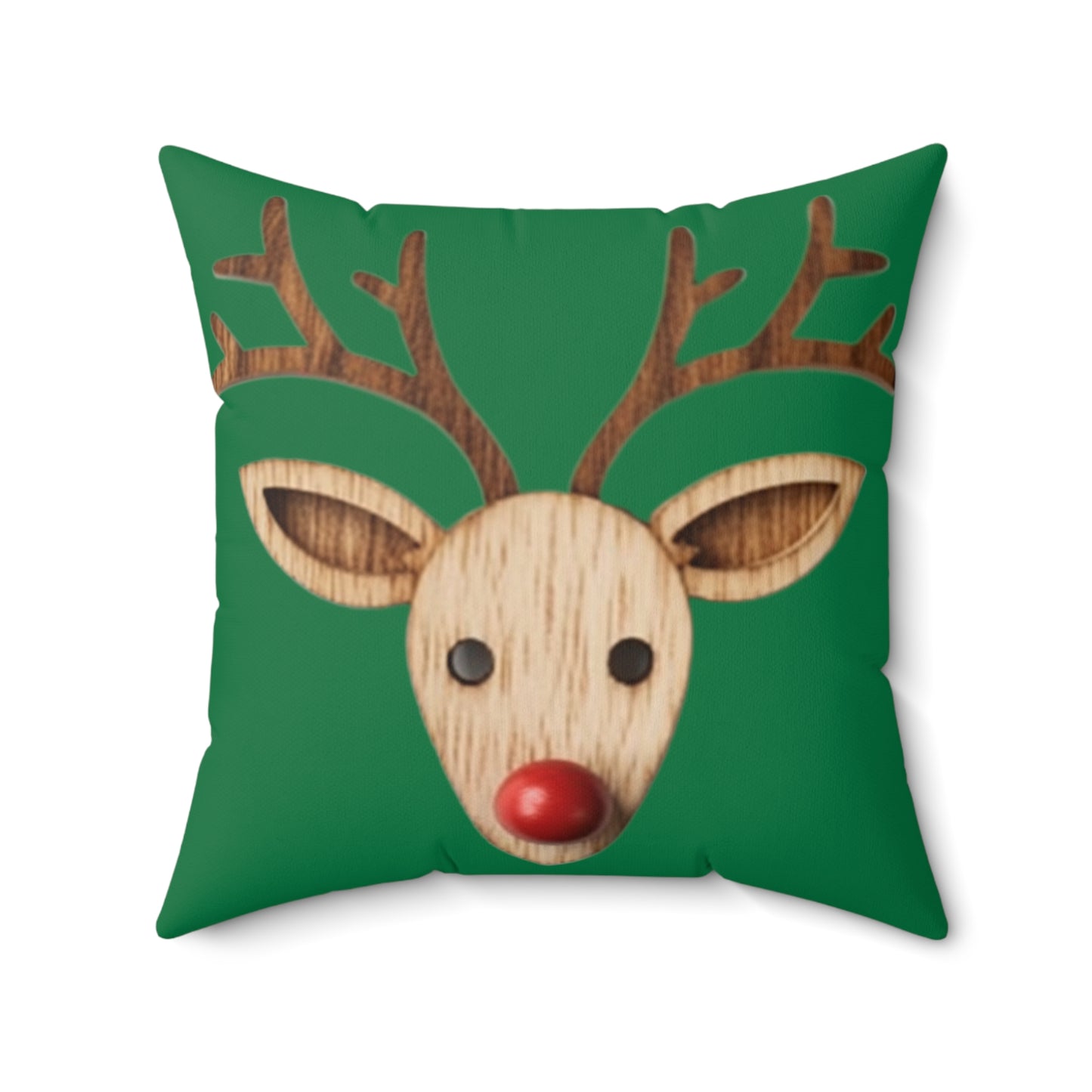 Red Reindeer Nose Christmas Classic Winter Season - Green - Spun Polyester Square Pillow