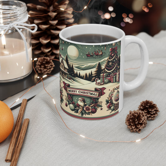 Holiday Charm: Classic Retro Christmas Scene with Santa - 1950s Nostalgic - Ceramic Mug 11oz