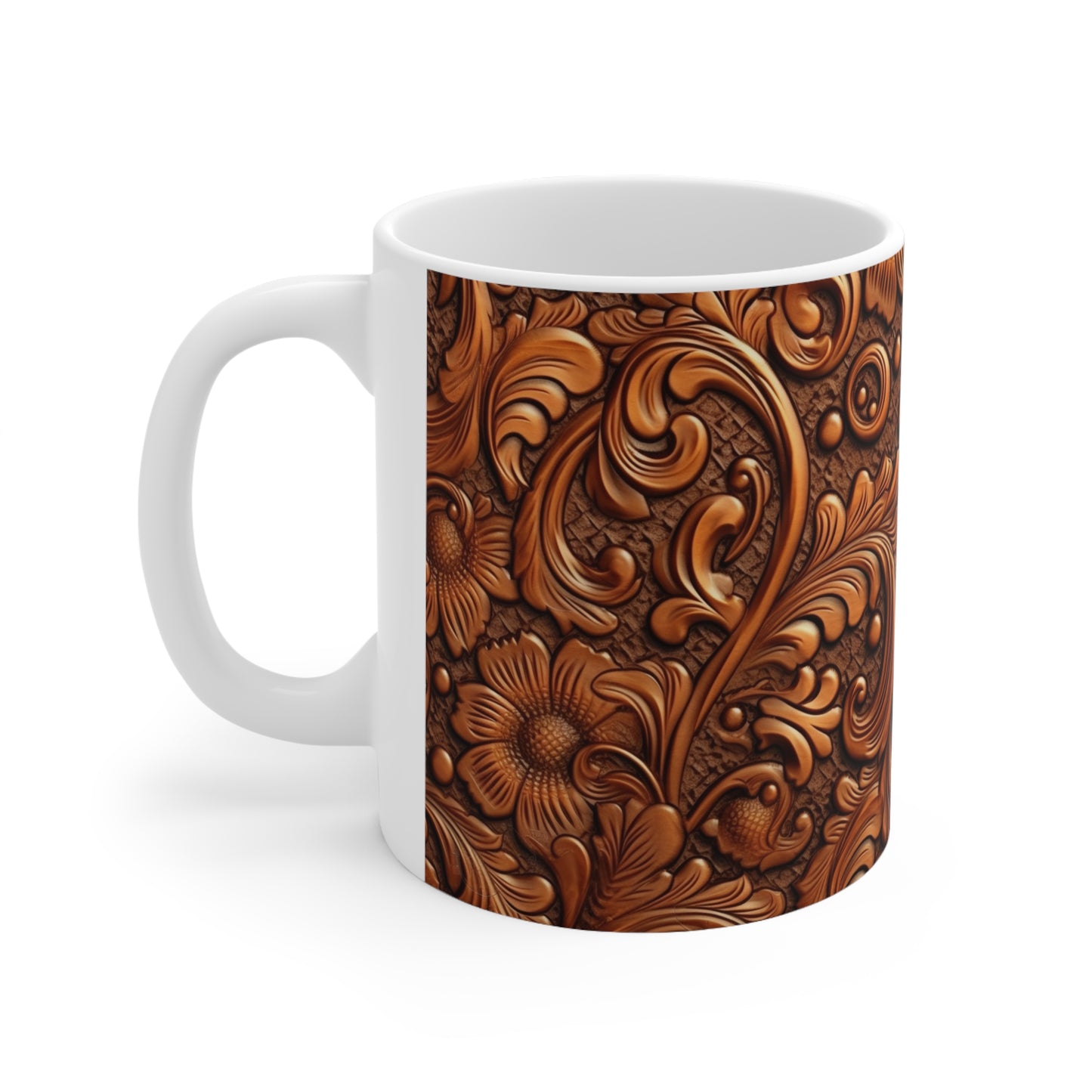 Leather Flower Cognac Classic Brown Timeless American Cowboy Design - Ceramic Mug 11oz