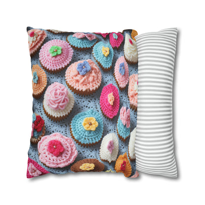 Crochet Cupcake Treat Frosted Cake Dessert Bakery Design - Spun Polyester Square Pillow Case