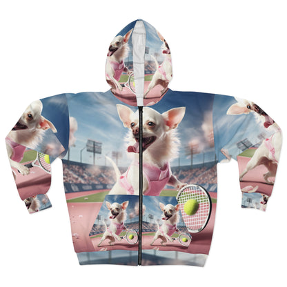 Chihuahua Tennis Ace: Dog Pink Outfit, Court Atheletic Sport Game - Unisex Zip Hoodie (AOP)