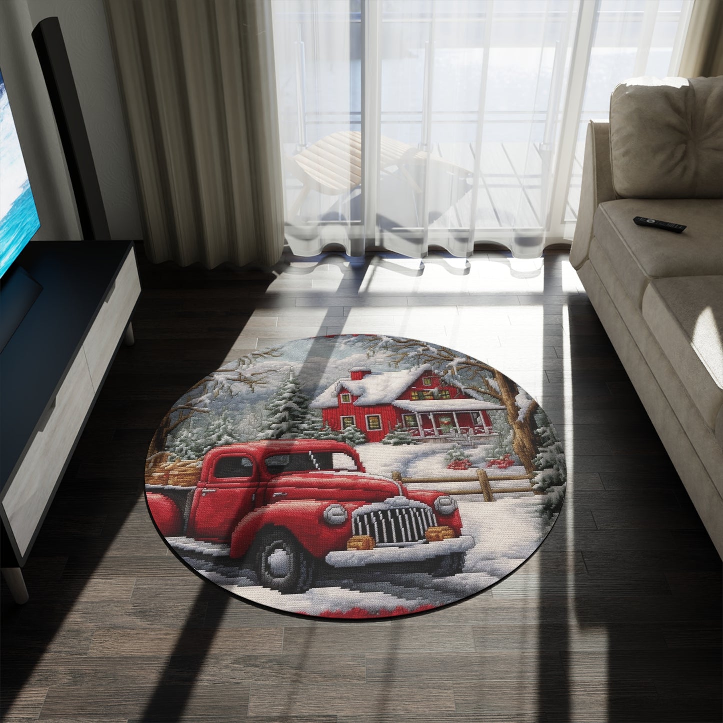 Red Truck Christmas Embroidery: Needlepoint Festive Winter Scene Threadwork - Round Rug