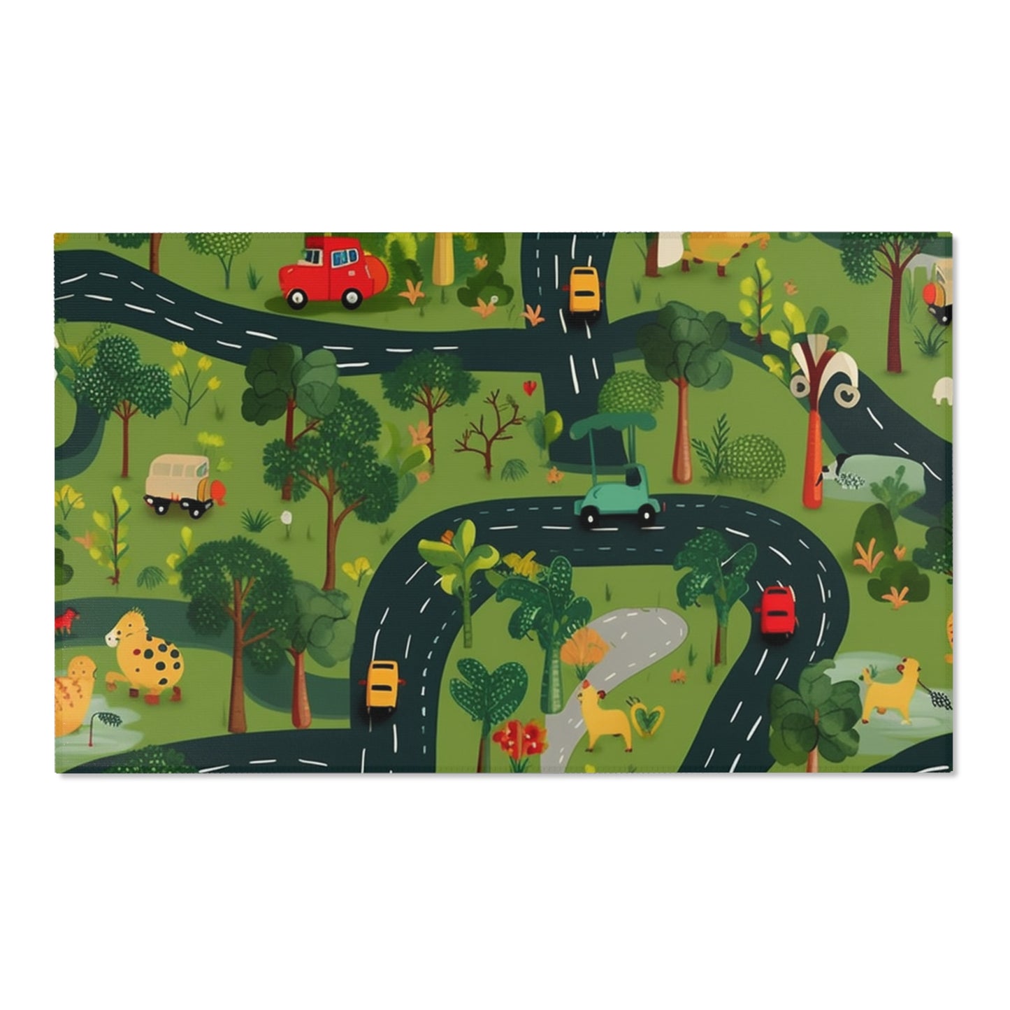 Jungle Journey: Kids' Car Roadway in Lush Forest Setting Play - Area Rugs